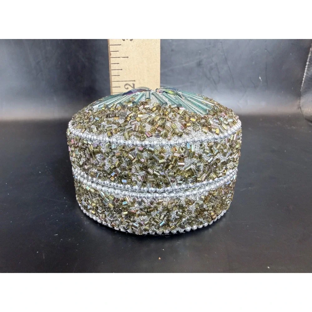 Vintage Style Beaded Round Trinket Box Gold‎ Silver Iridescent Jewelry Case 3